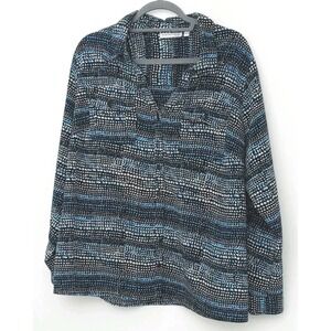 Notations Blue, White & Black Blouse Size 2X Roll Tab Sleeves Pockets V-Neck